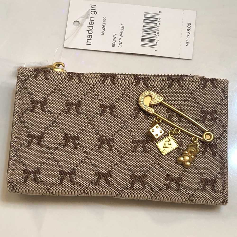 Madden Girl Brown Embroidered Bow Bifold Wallet Fixed Safety Pin + Charms NWT